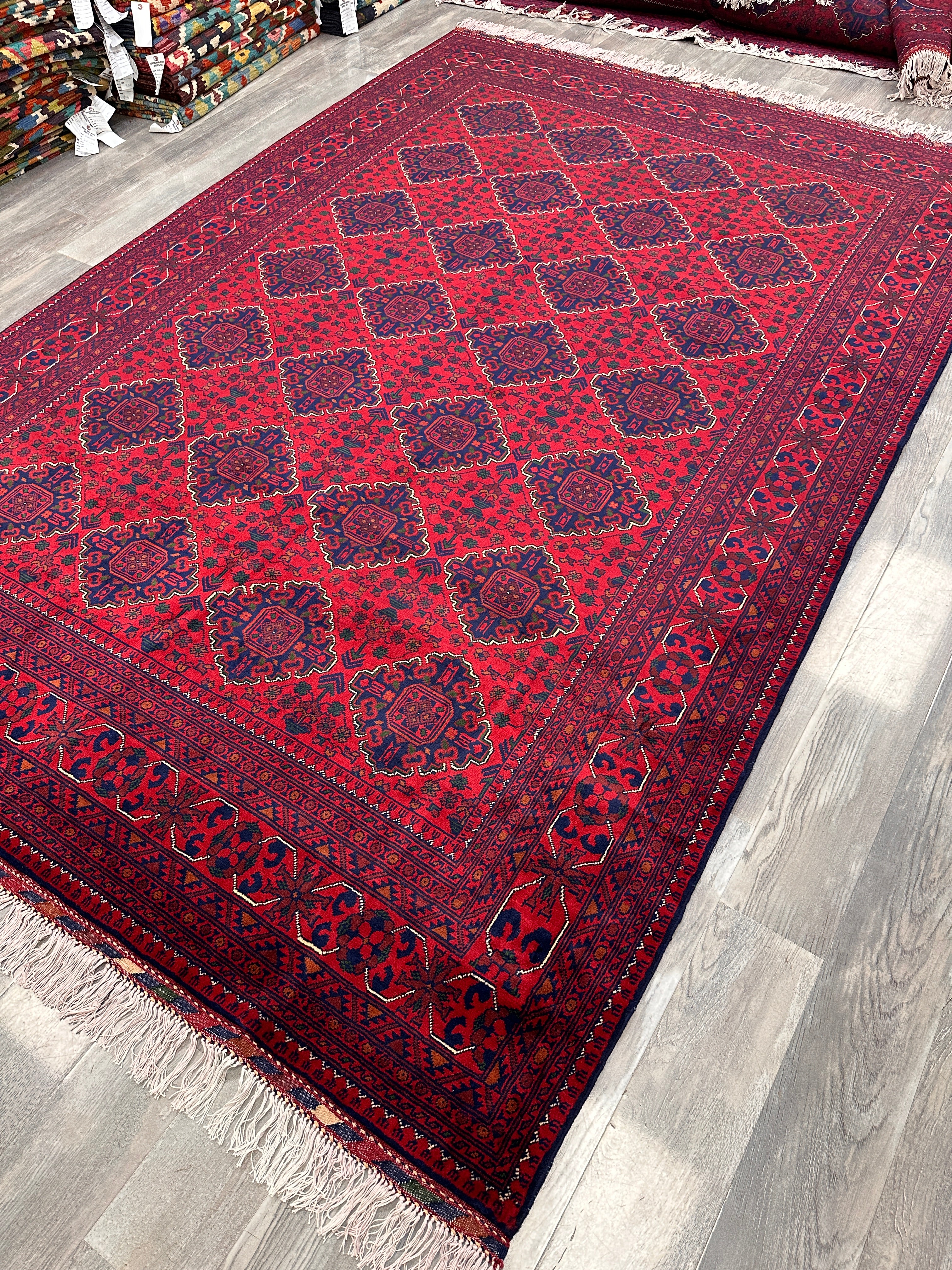 Hand-Knotted Afghani Khamyab Wool Area Rug | Red & Blue | 6′8″ x 10′