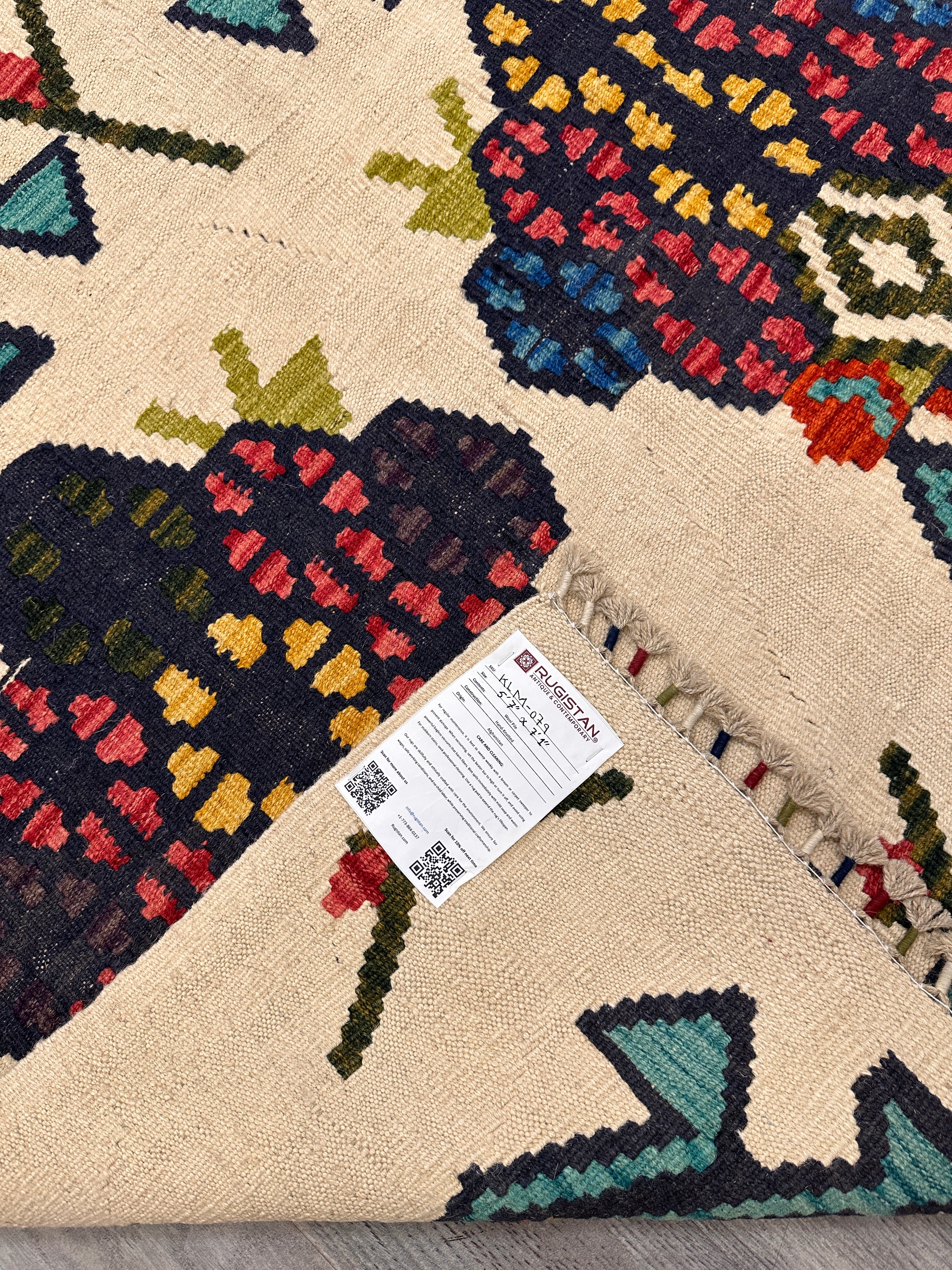Hand-Woven Afghani Kilim Wool Rug – 5'7" x 7'1" – Traditional Flatweave, Reversible, Tribal Geometric Design