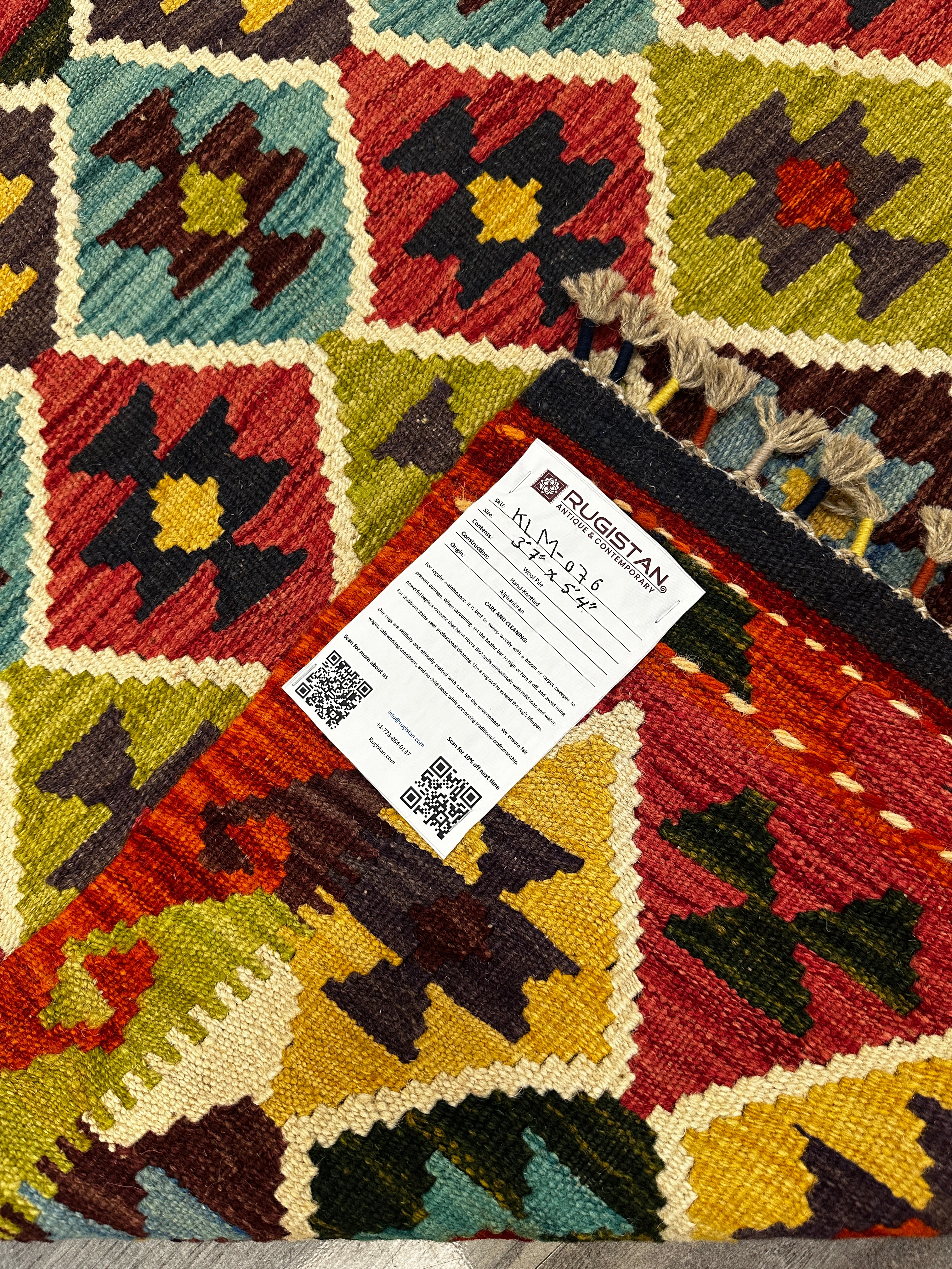 Hand-Woven Afghani Kilim Wool Rug 3'7" x 5'4"