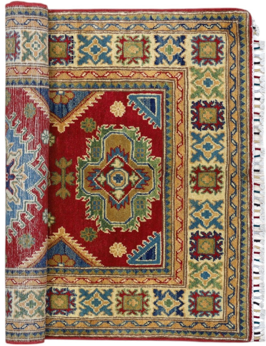 Hand-Knotted Afghani Kazak Wool Rug – 3’3″  x  4’10″