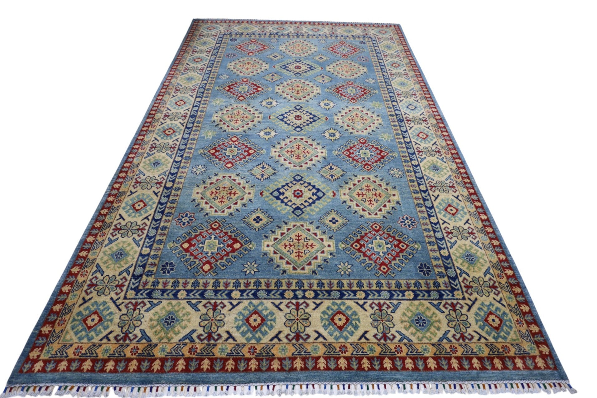 Hand-Knotted Afghani Kazak Wool Rug | Geometric Design | 7′ x 10′