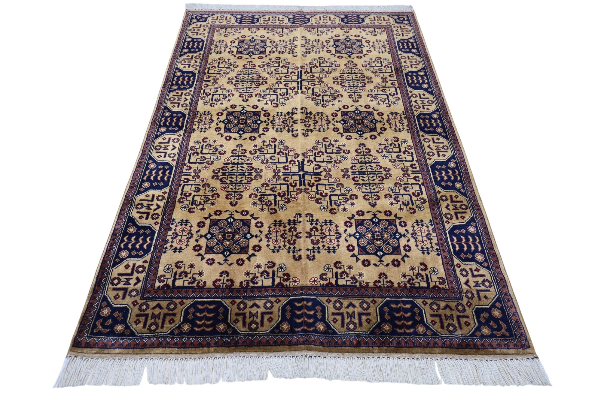 Hand-Knotted Afghani Bukharai Wool Rug – 4’0″  x  5’11″
