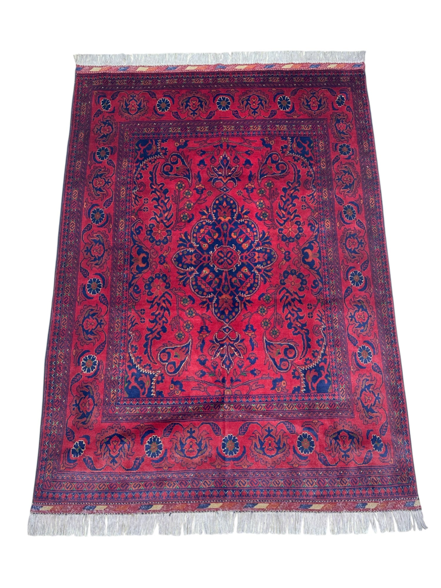Hand-Knotted Afghani Patnos Wool Rug Red,Blue 5' x 6'9"