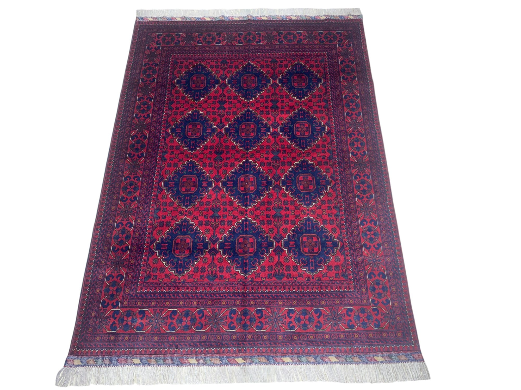 Hand-Knotted Afghani Khamyab Wool Rug Red,Blue 4'11" x 6'6"