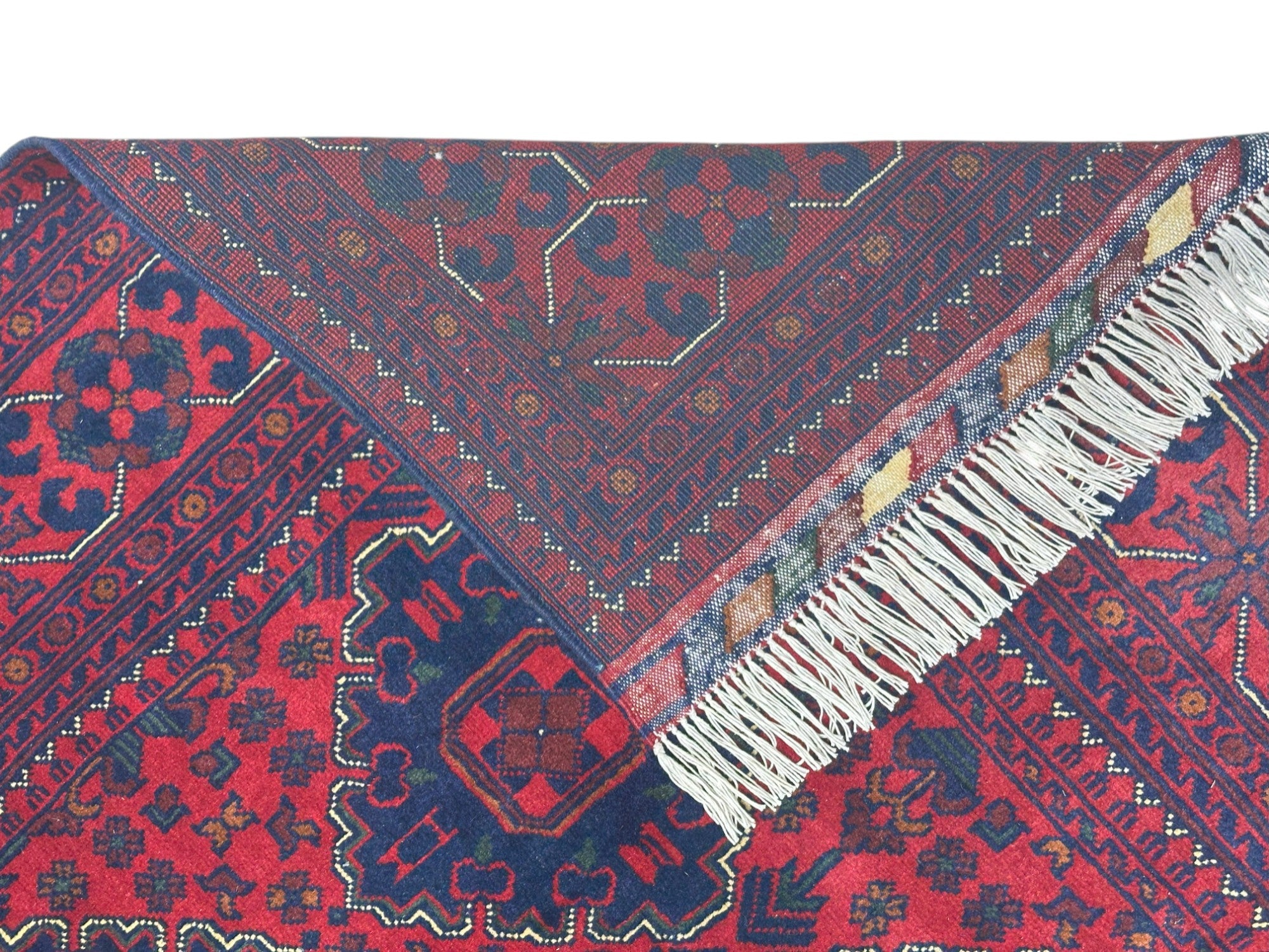 Hand-Knotted Afghani Khamyab Wool Rug Red,Blue 4'11" x 6'6"