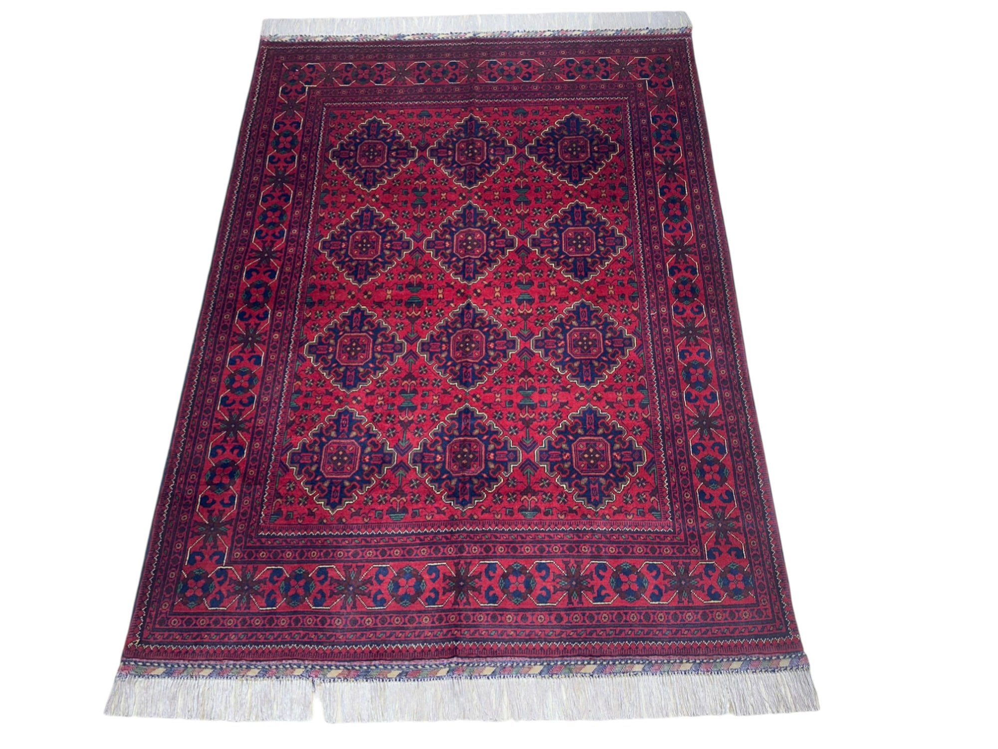 Hand-Knotted Afghani Khamyab Wool Rug Red,Blue 4'11" x 6'6"