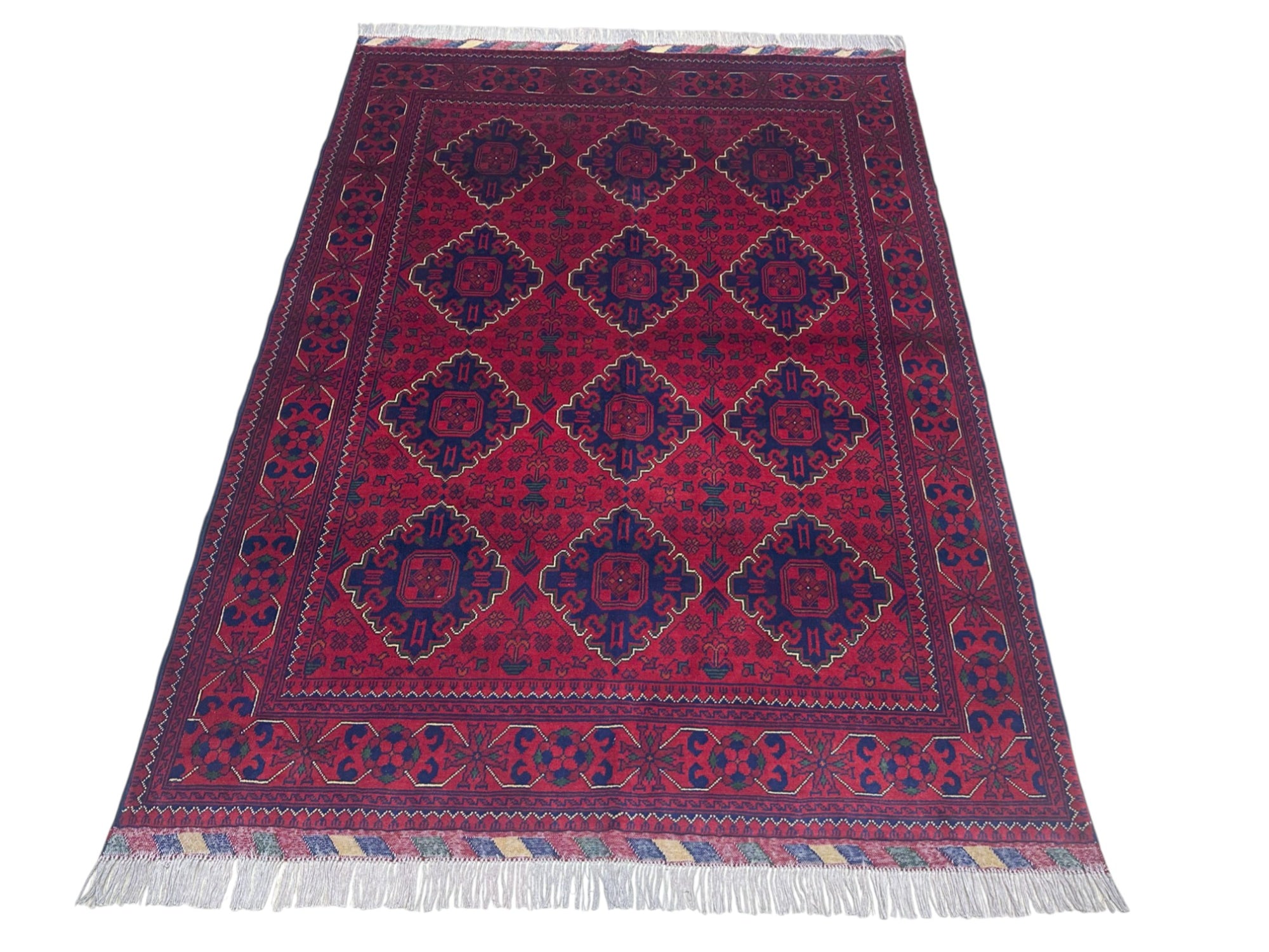 Hand-Knotted Afghani Khamyab Wool Rug Red,Blue 4'11" x 6'58"