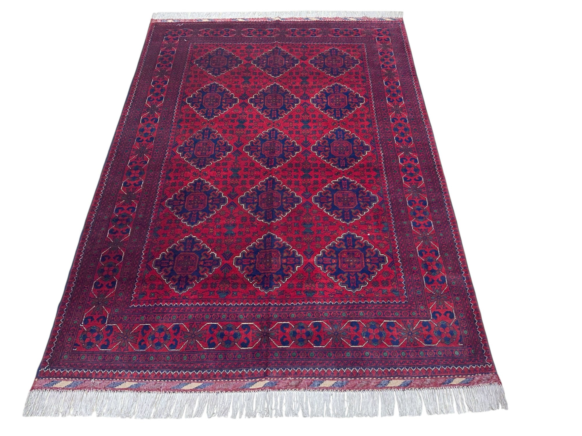 Hand-Knotted Afghani Khamyab Wool Rug Red,Blue 5'1" x 6'10"