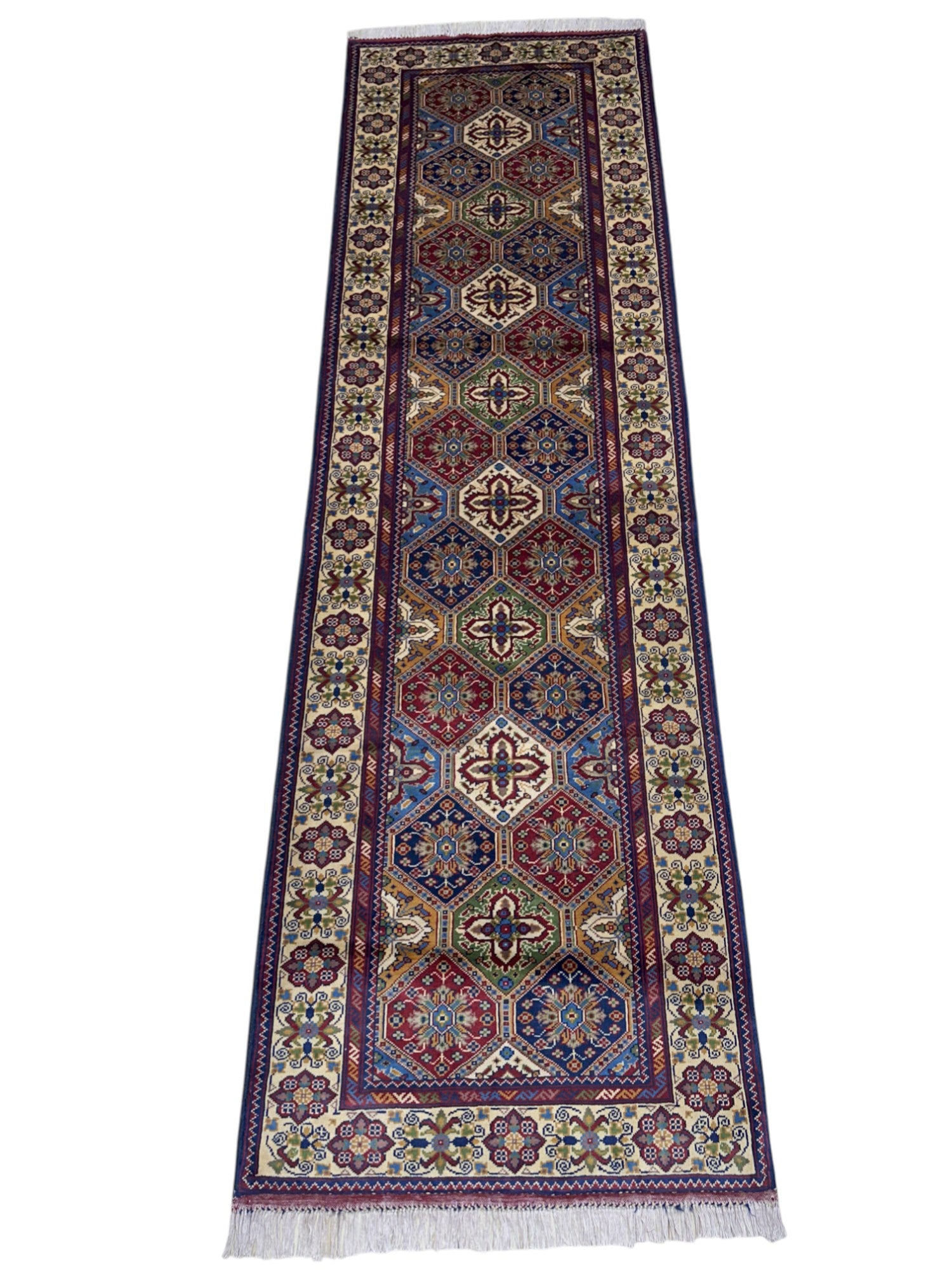 Hand-Knotted Afghani Kashi Wool Rug Cream,Red,Blue 2'11" x 9'9"