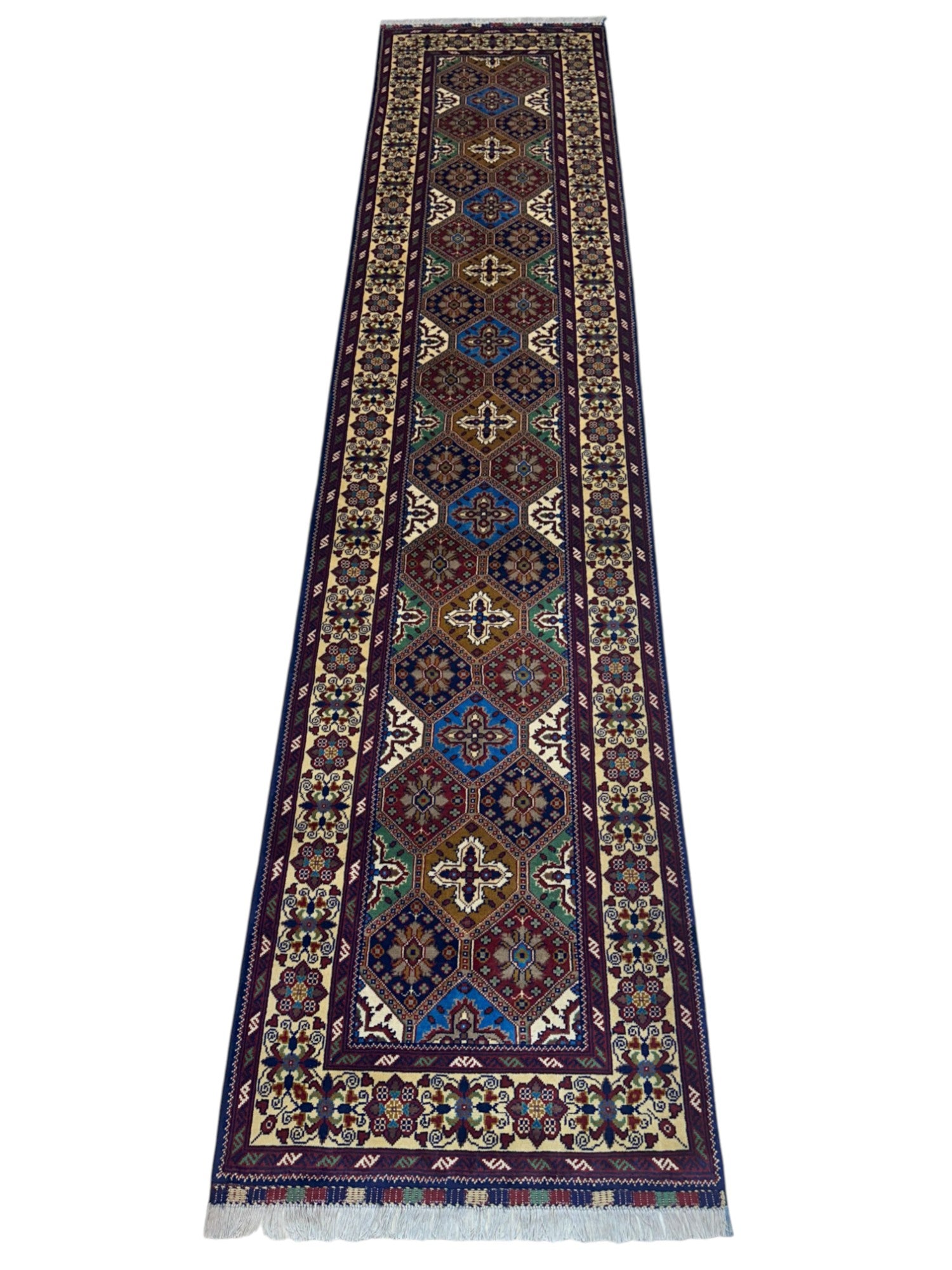 Hand-Knotted Afghani Kashi Wool Rug Cream,Red,Blue 2'11" x 12'5"