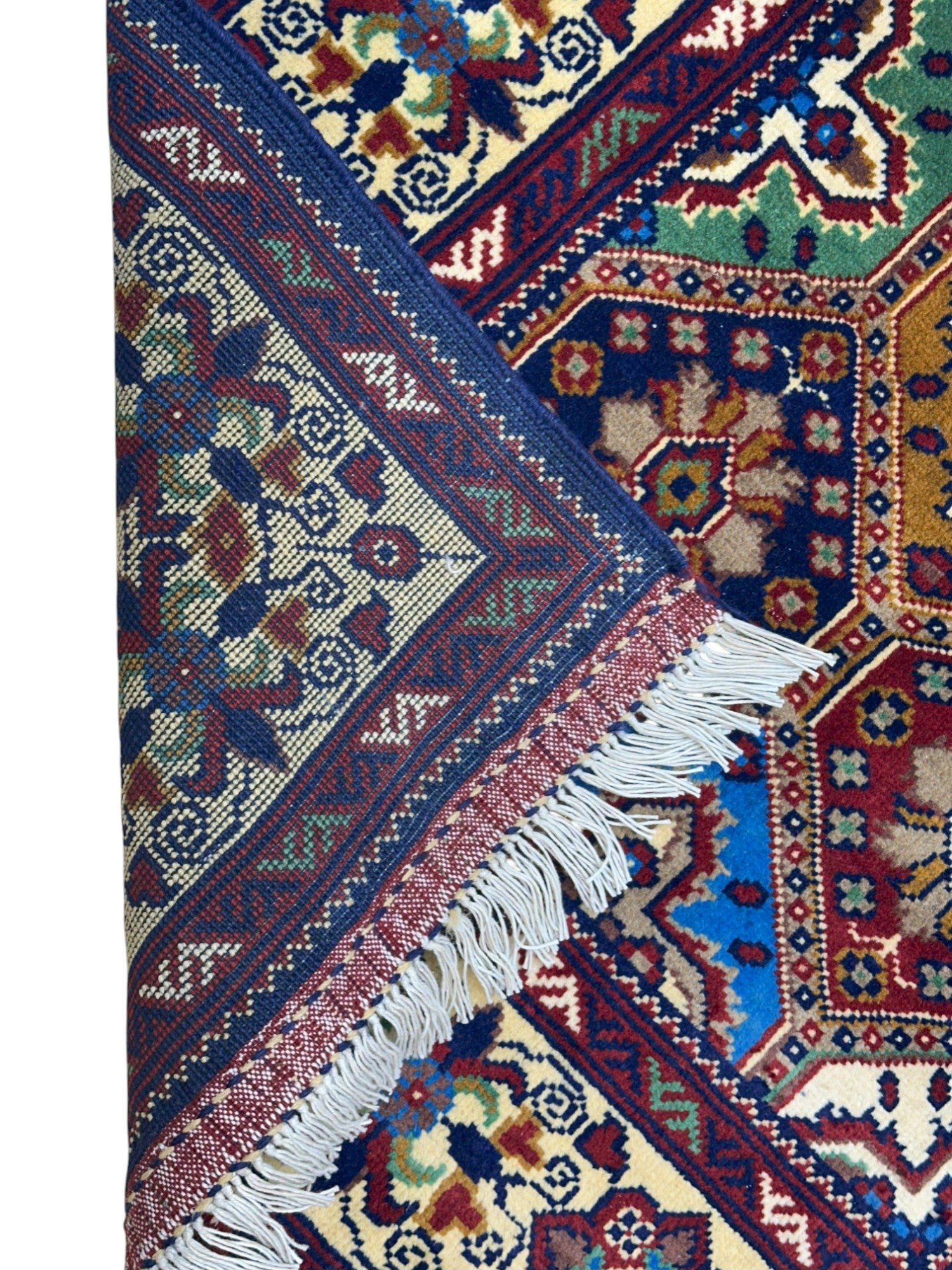 Hand-Knotted Afghani Kashi Wool Rug Cream,Red,Blue 2'11" x 12'5"