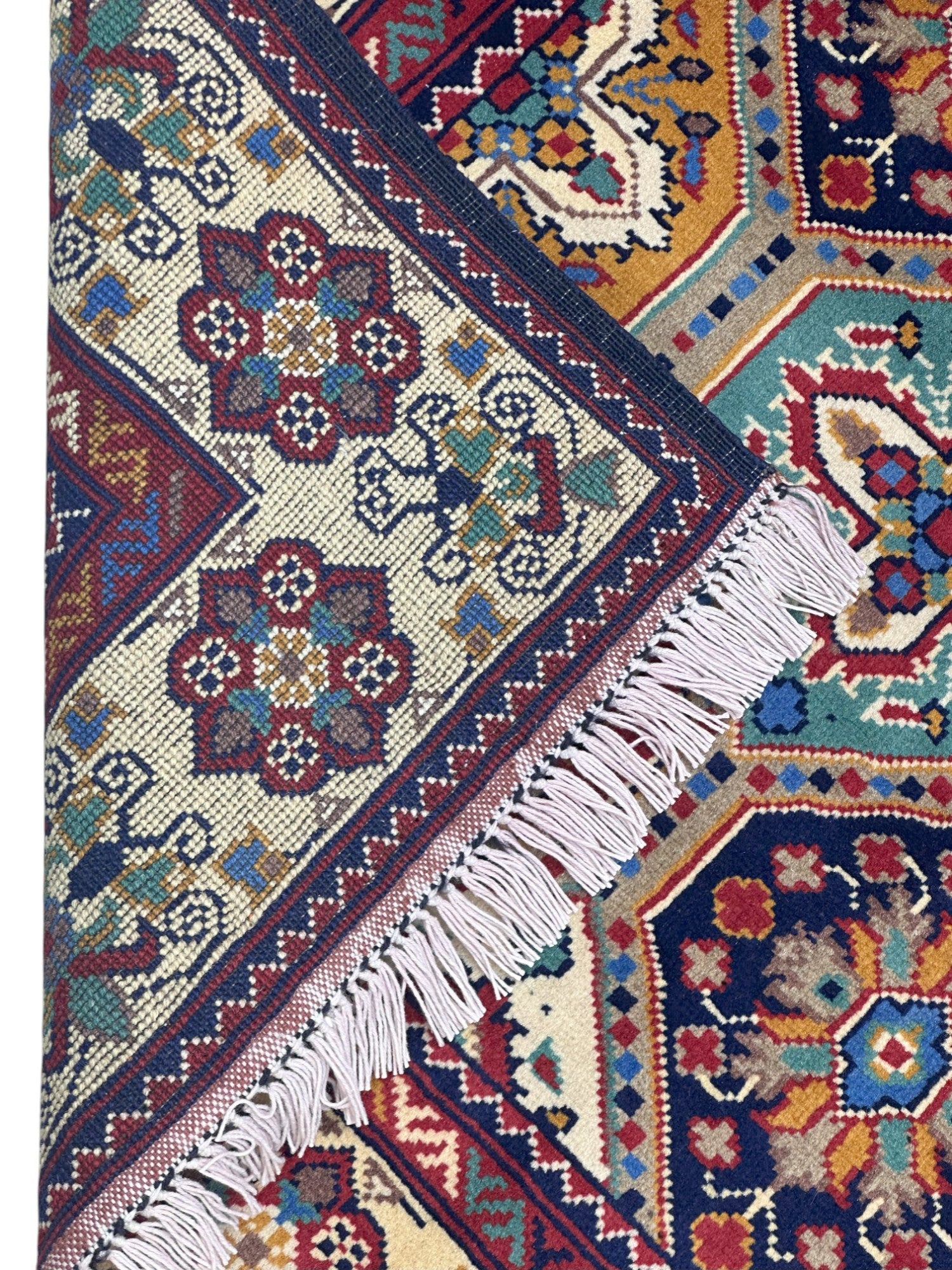Hand-Knotted Afghani Kashi Wool Rug Cream,Red,Blue 3' x 9'7"