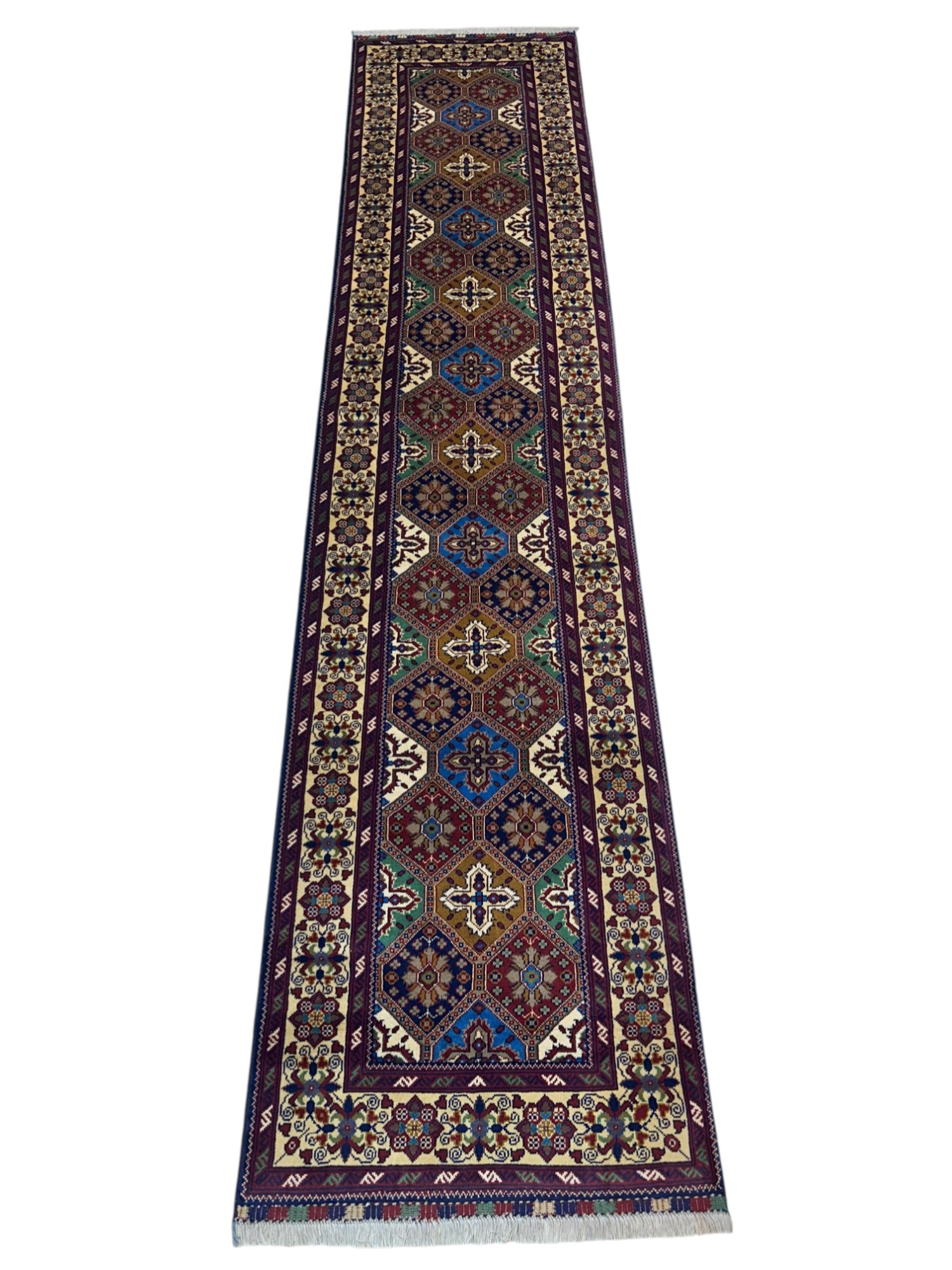 Hand-Knotted Afghani Kashi Wool Rug Cream,Red,Blue 2'11" x 12'6"