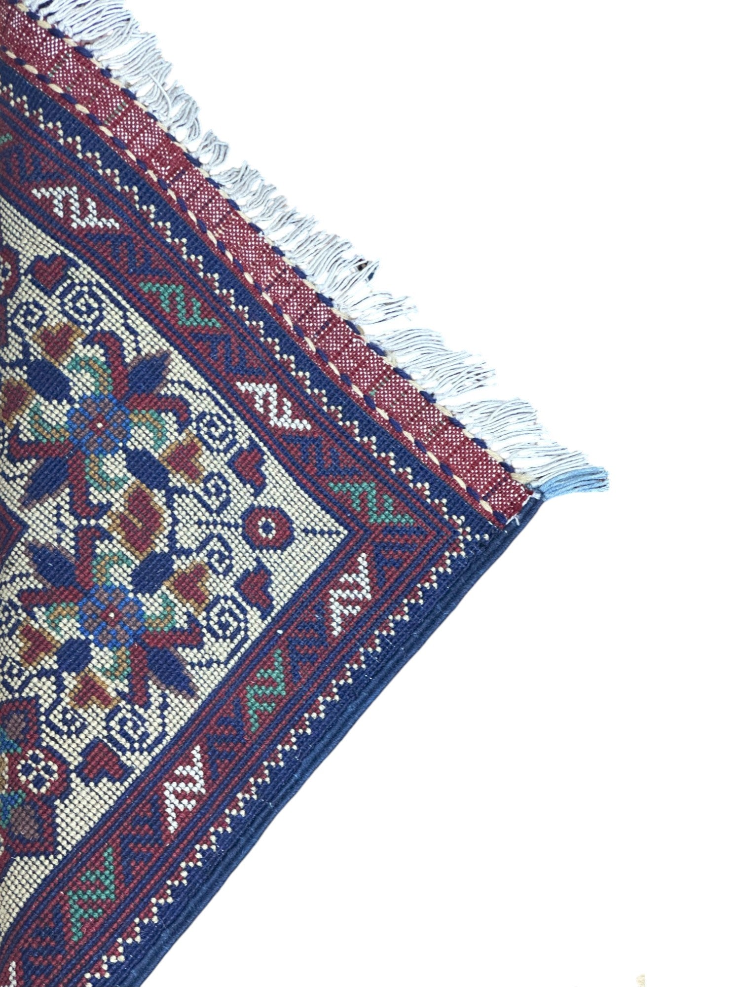 Hand-Knotted Afghani Kashi Wool Rug Cream,Red,Blue 2'11" x 12'6"