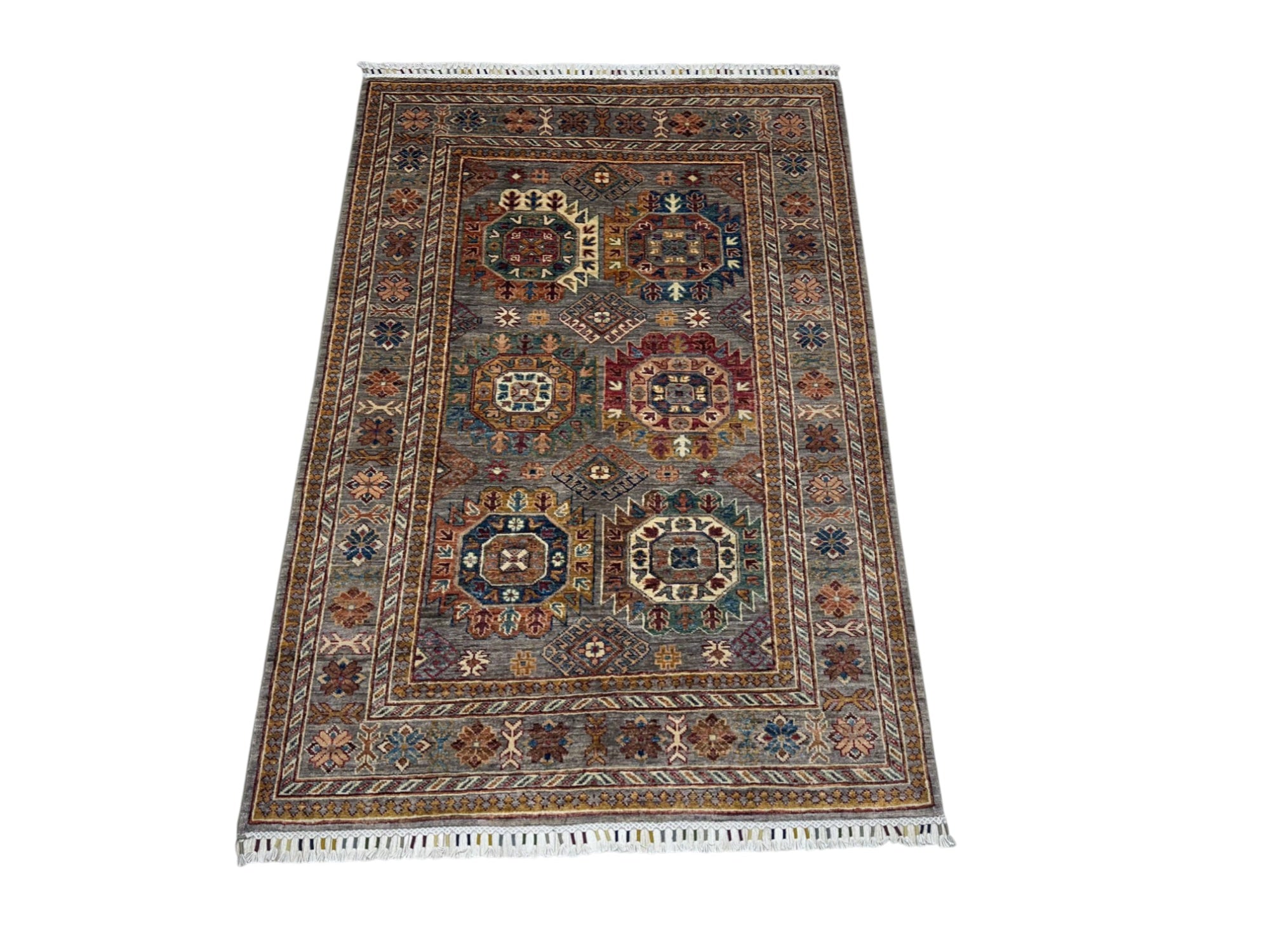 Hand-Knotted Afghani Kazak Wool Rug – 4’2″  x  6’0″