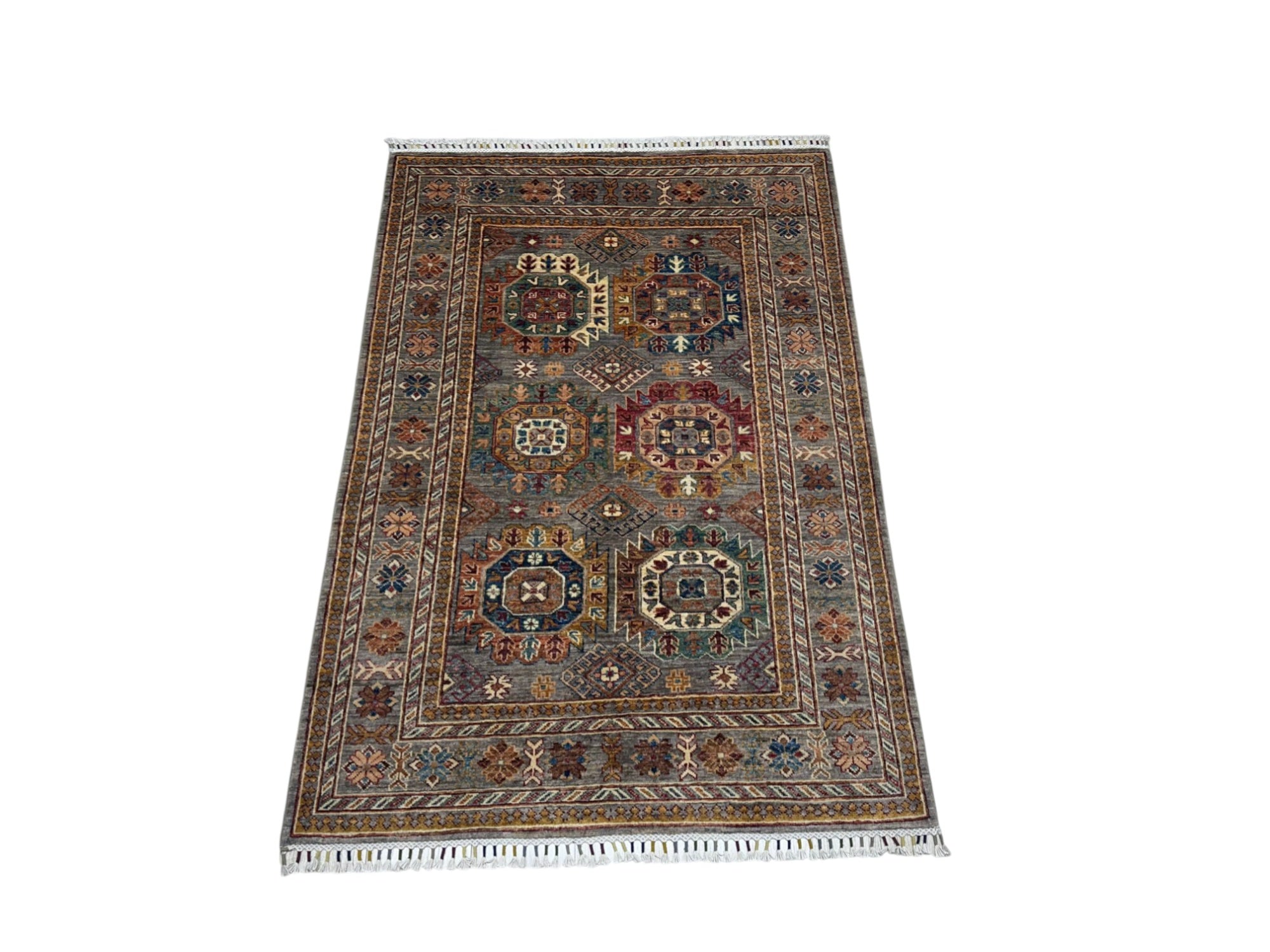 Hand-Knotted Afghani Kazak Wool Rug – 4’2″  x  6’0″