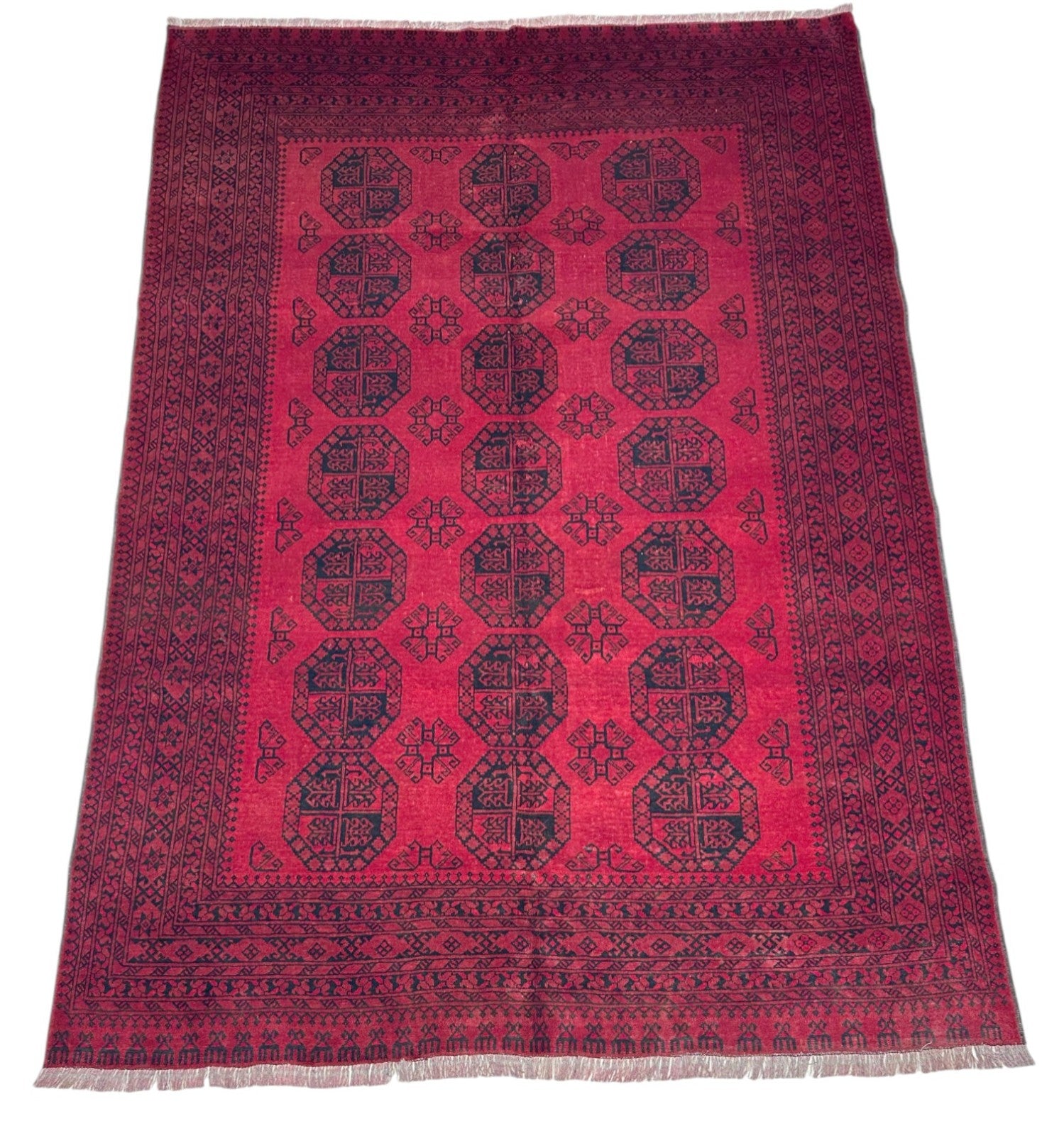 Hand-Knotted Afghani Fil pai Wool Rug Red,Black 6'8" x 9'5"