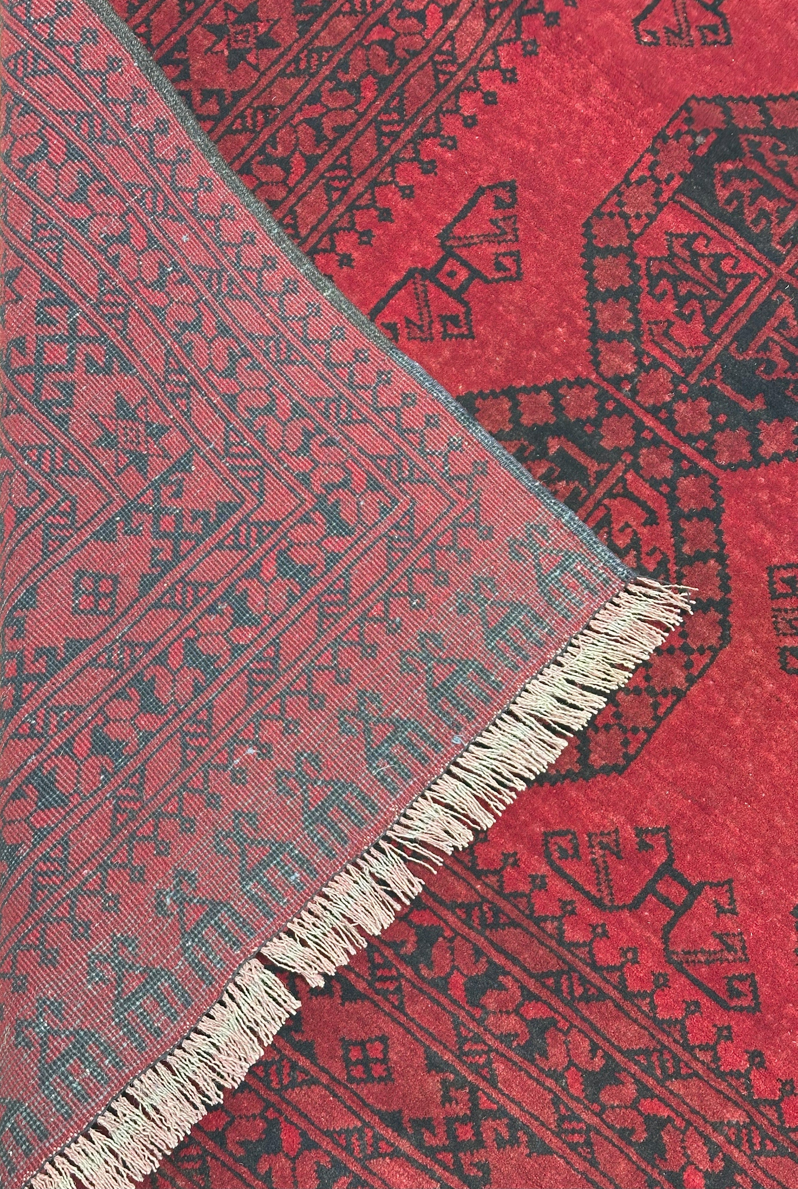 Hand-Knotted Afghani Fil pai Wool Rug Red,Black 6'8" x 9'5"