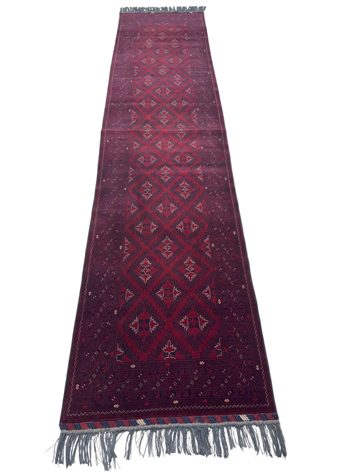 Hand-Knotted Afghani Balsiht Wool Rug Red,Blue 2'11" x 12'2"