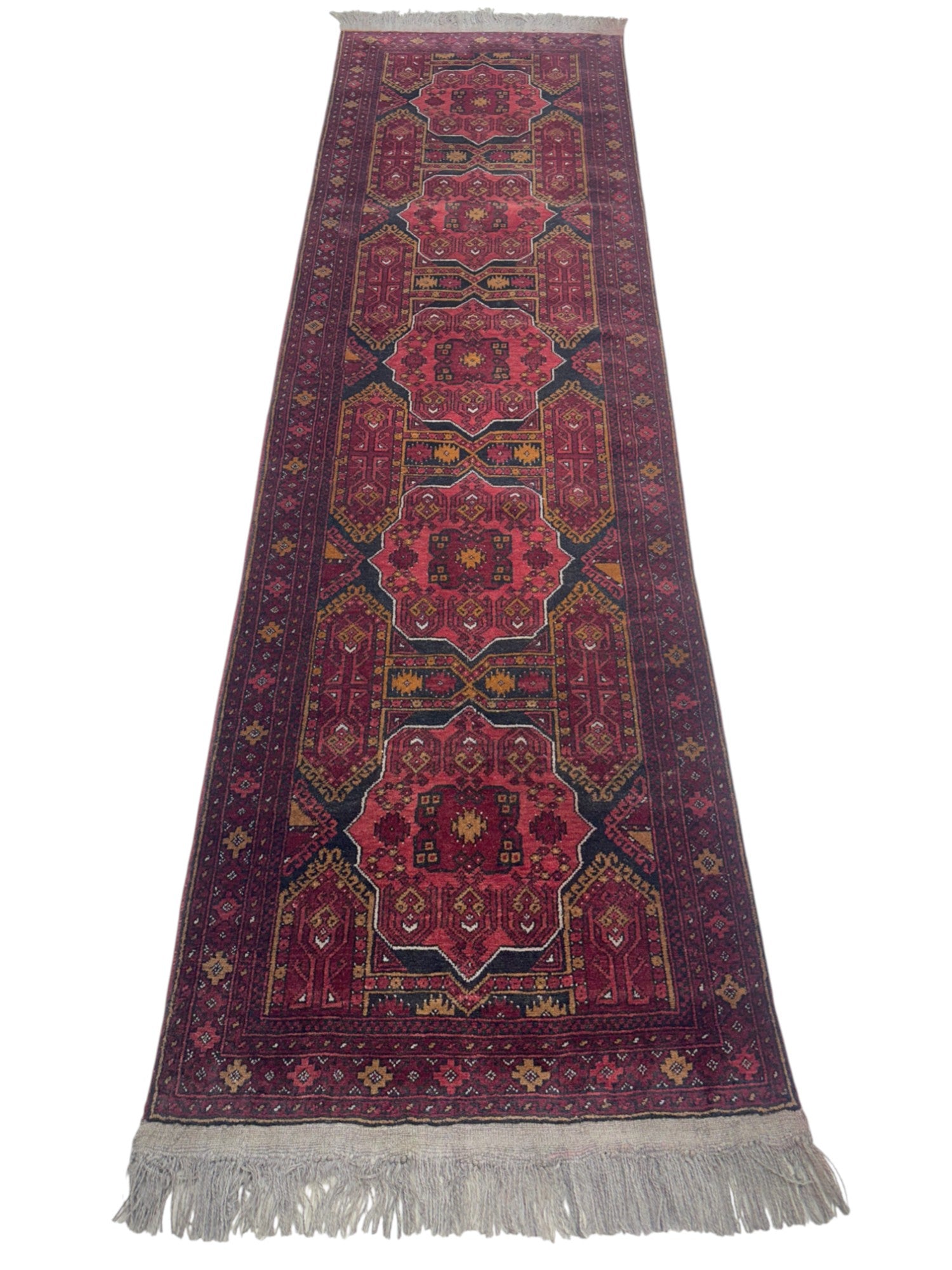Hand-Knotted Afghani Jwaly Wool Rug Red,Black 2'9" x 9'7"