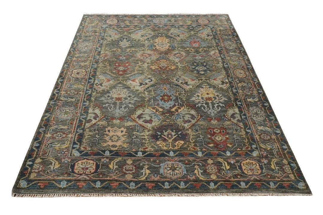 ANTIQUE DESIGN WOOL TRADITIONAL CHARCOAL, BROWN & BLUE VIBRANT HAND KNOTTED OUSHAK AREA RUG 8 x 10